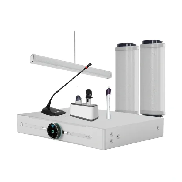 DW-3315 intelligent infrared classroom sound reinforcement system with speakers, charging dock and desktop microphone.