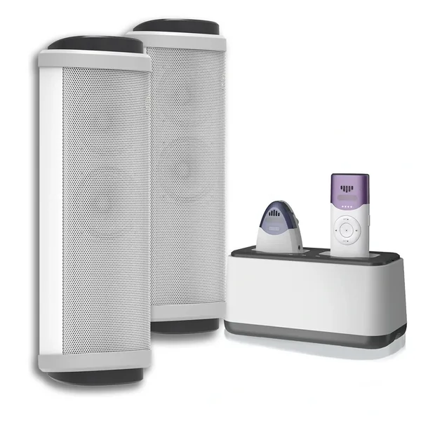 IR-S2 all-in-one infrared classroom soundfield system with two column speakers, pendant microphone and charging dock.
